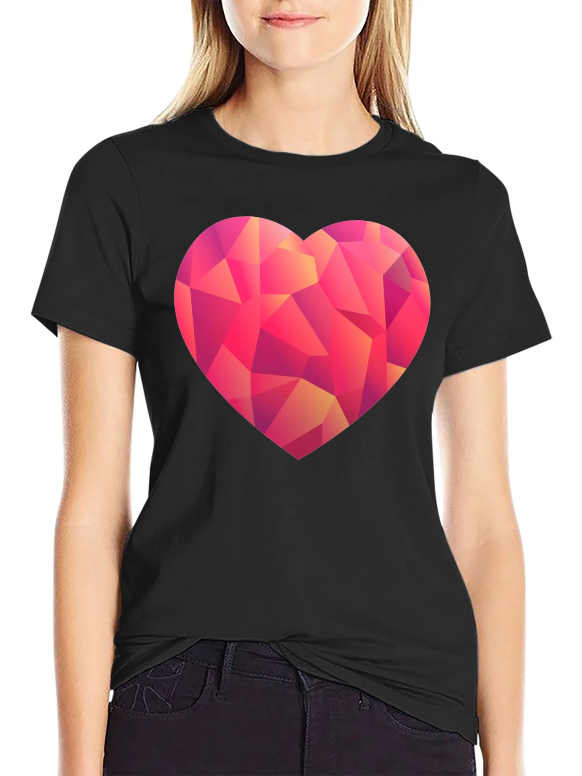 Geometric Heart Print Black T-Shirt