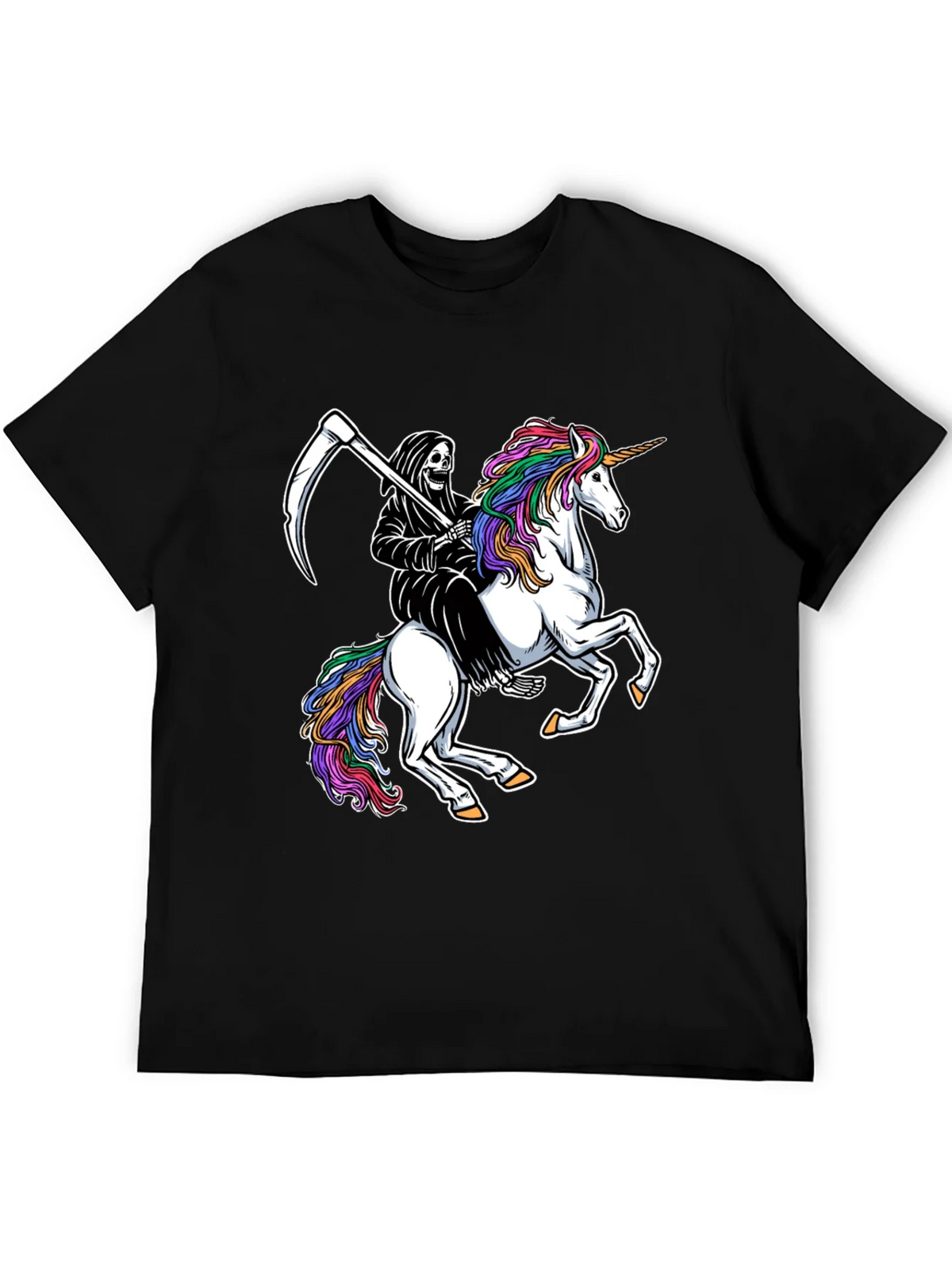 Grim Reaper Riding Unicorn Black T-Shirt