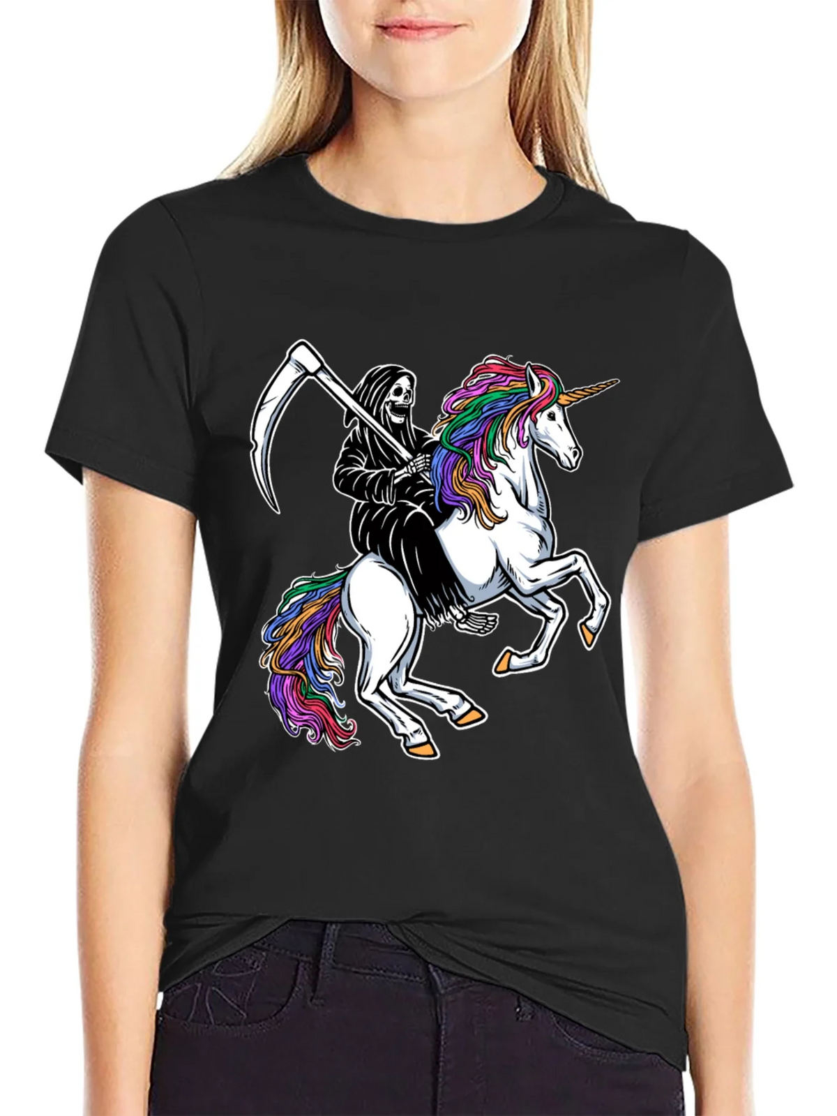 Grim Reaper Riding Unicorn Black T-Shirt