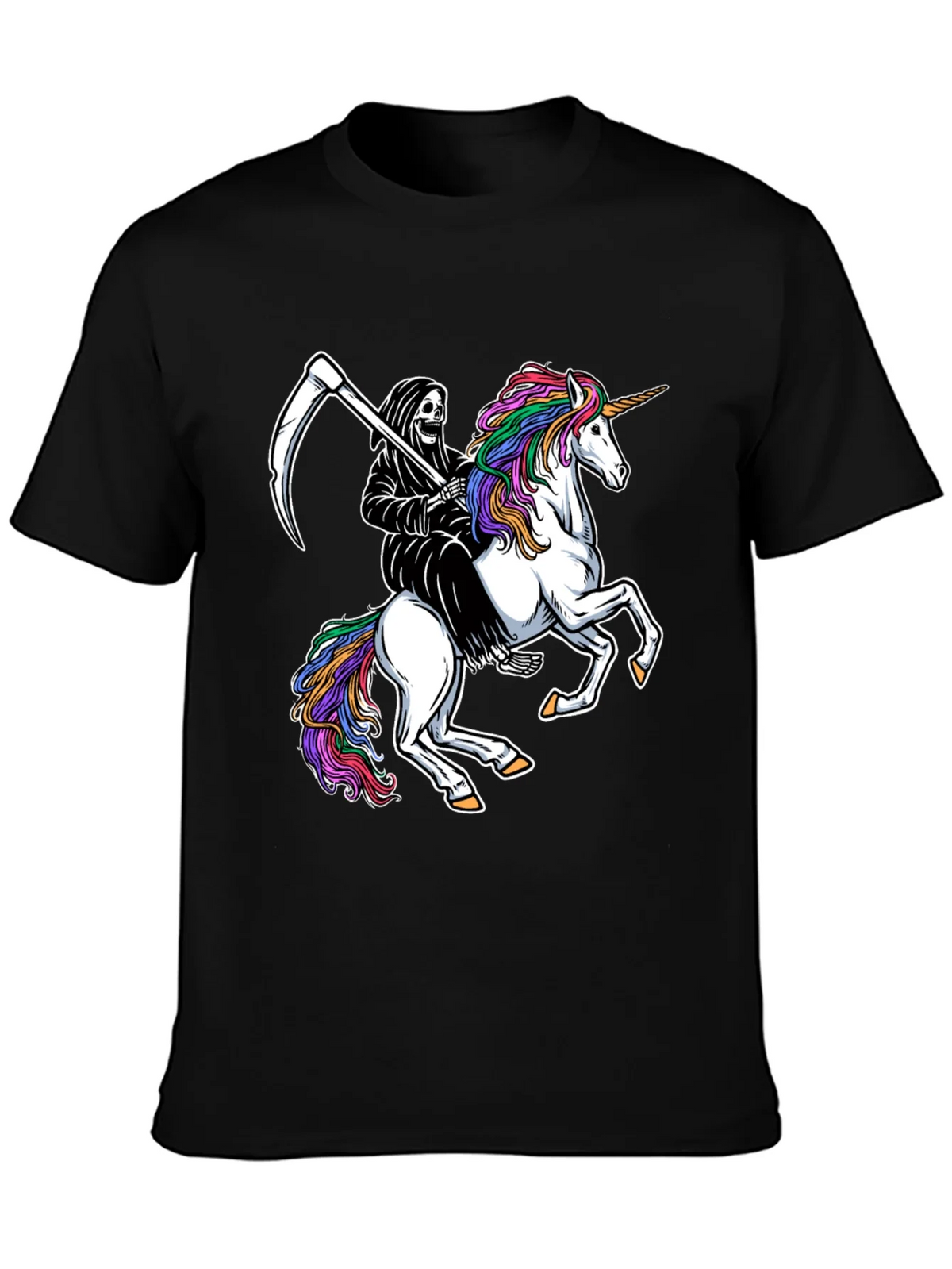 Grim Reaper Riding Unicorn Black T-Shirt