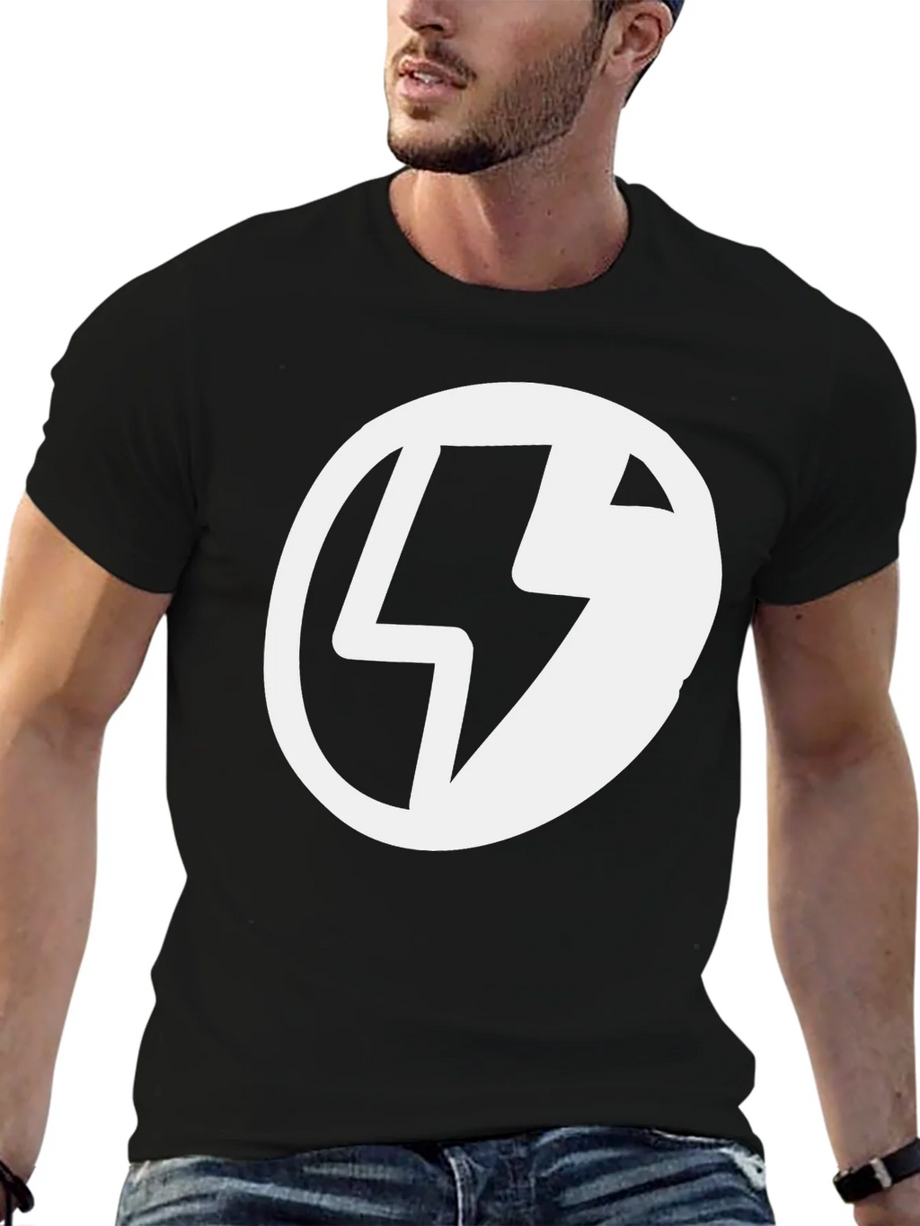 Black T-Shirt with Lightning Bolt Circle Graphic