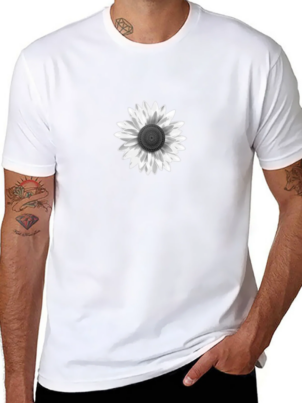 Black T-Shirt with White Sunflower Graphic