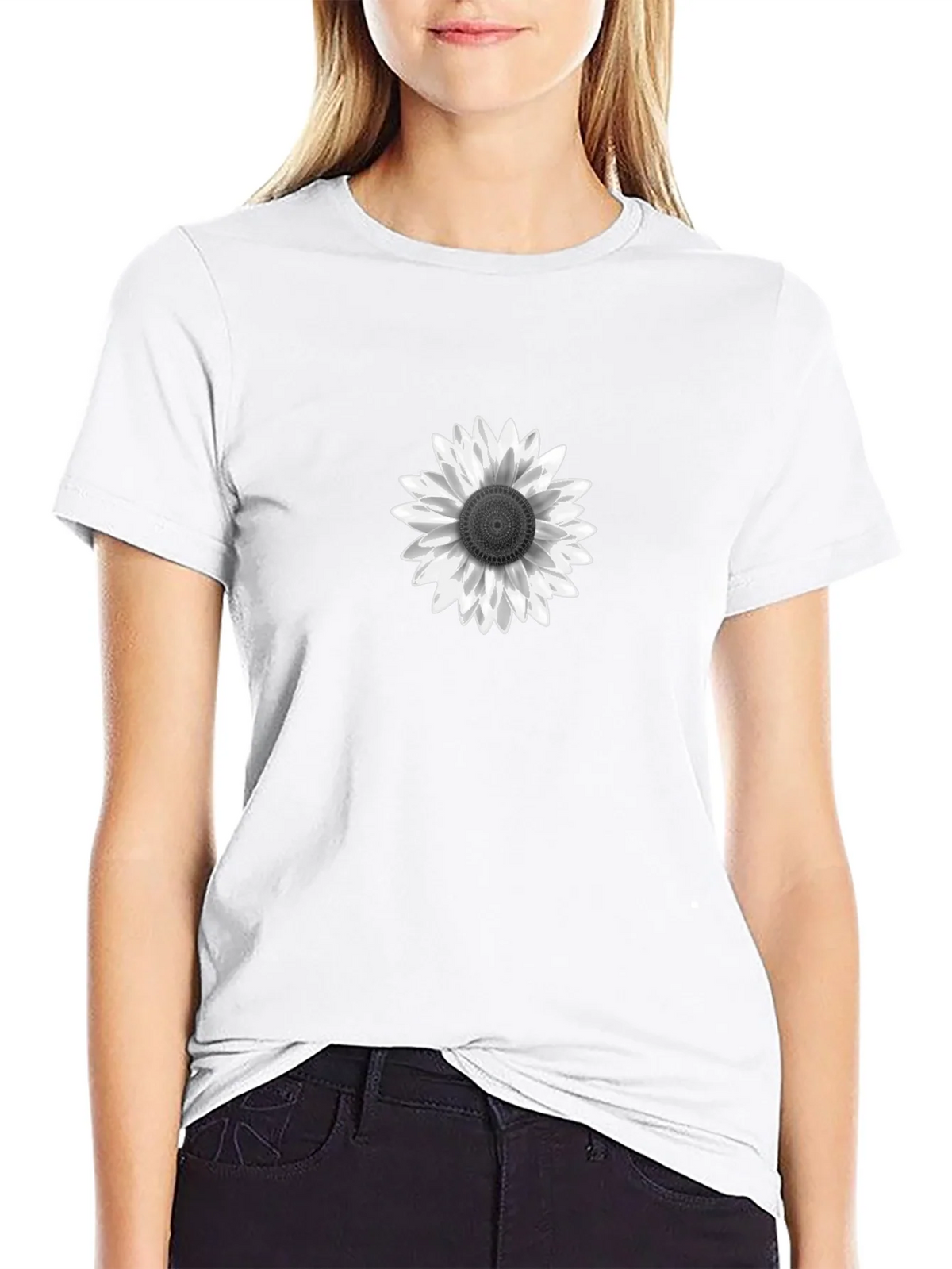 Black T-Shirt with White Sunflower Graphic