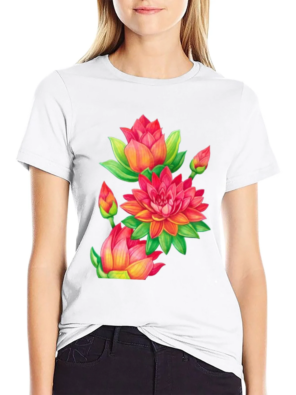 Floral Lotus Print Black T-Shirt