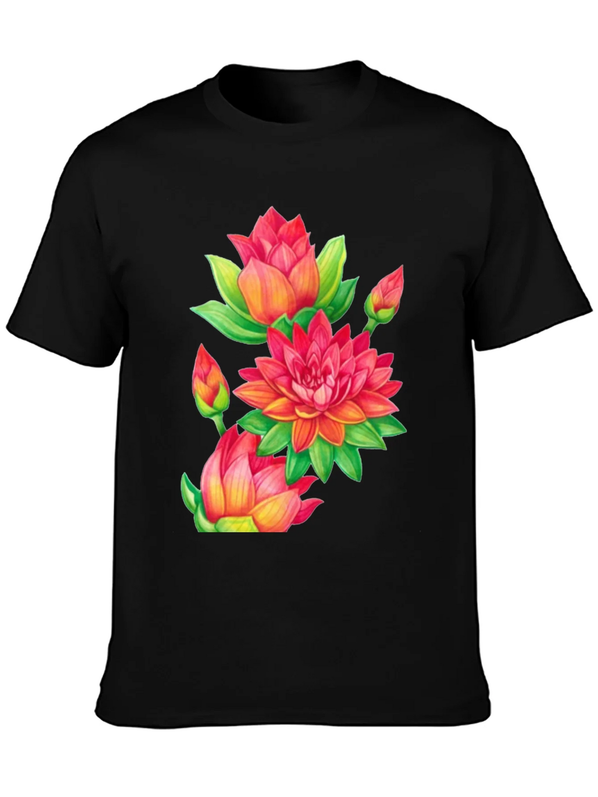 Floral Lotus Print Black T-Shirt